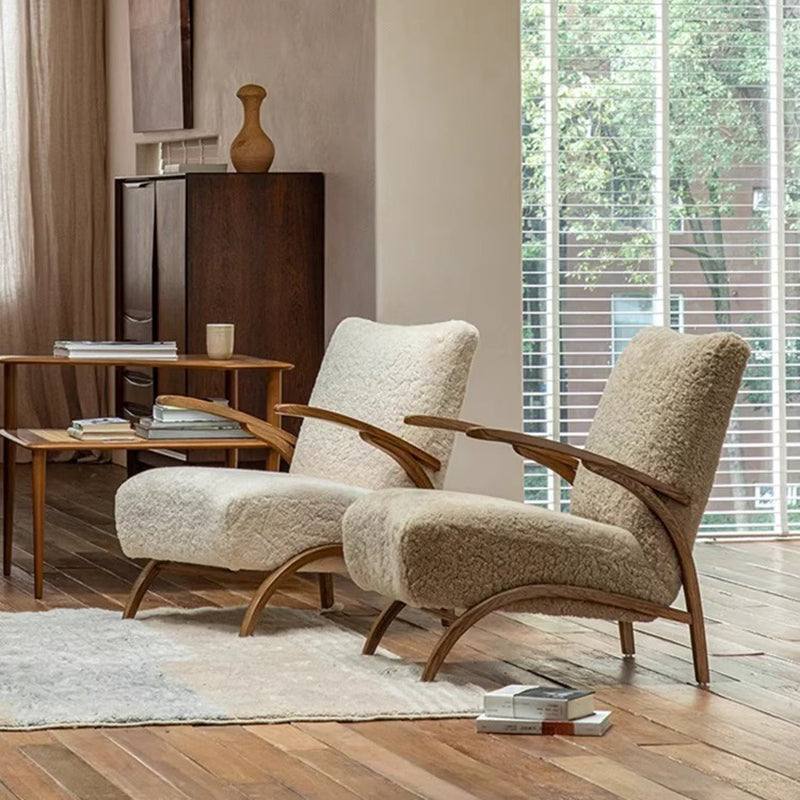 Traditional French Chenille Lambswool Solid Wood Curved Square Accent Chair With Backrest Armrests For Living Room