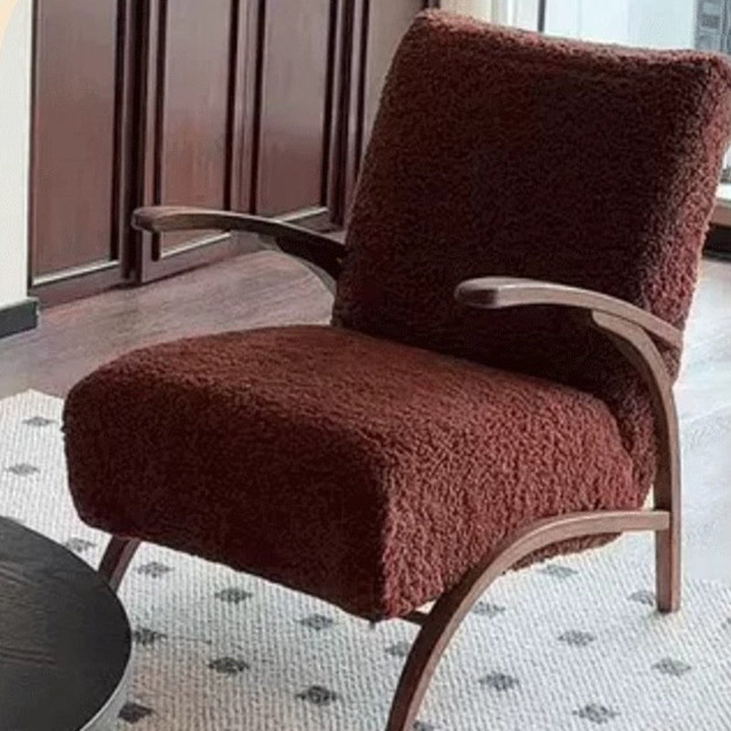 Traditional French Chenille Lambswool Solid Wood Curved Square Accent Chair With Backrest Armrests For Living Room
