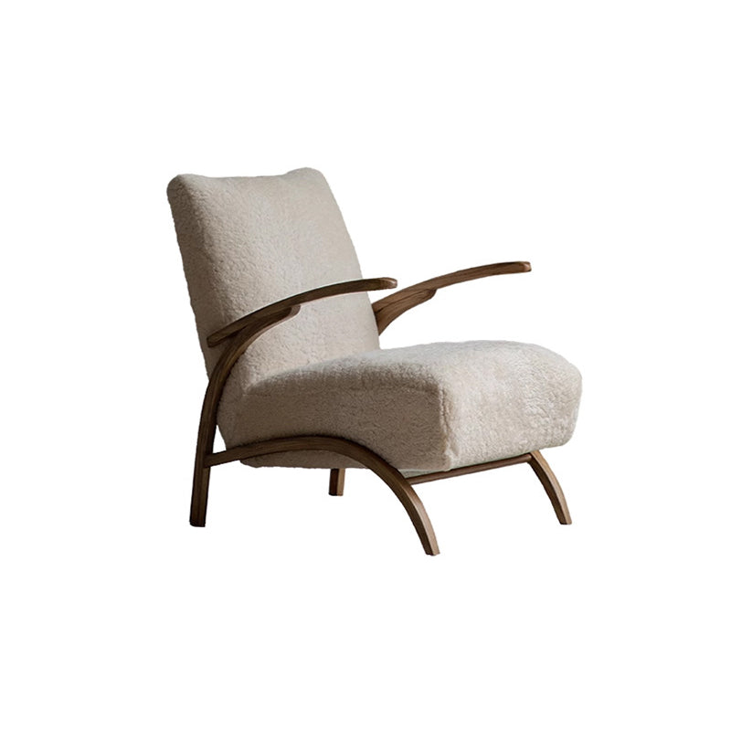 Traditional French Chenille Lambswool Solid Wood Curved Square Accent Chair With Backrest Armrests For Living Room