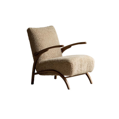 Traditional French Chenille Lambswool Solid Wood Curved Square Accent Chair With Backrest Armrests For Living Room