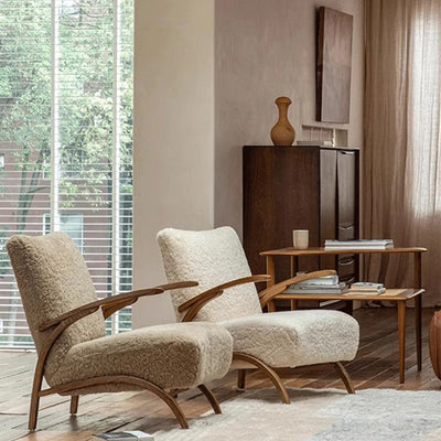 Traditional French Chenille Lambswool Solid Wood Curved Square Accent Chair With Backrest Armrests For Living Room