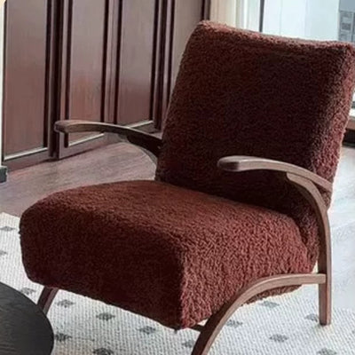 Traditional French Chenille Lambswool Solid Wood Curved Square Accent Chair With Backrest Armrests For Living Room