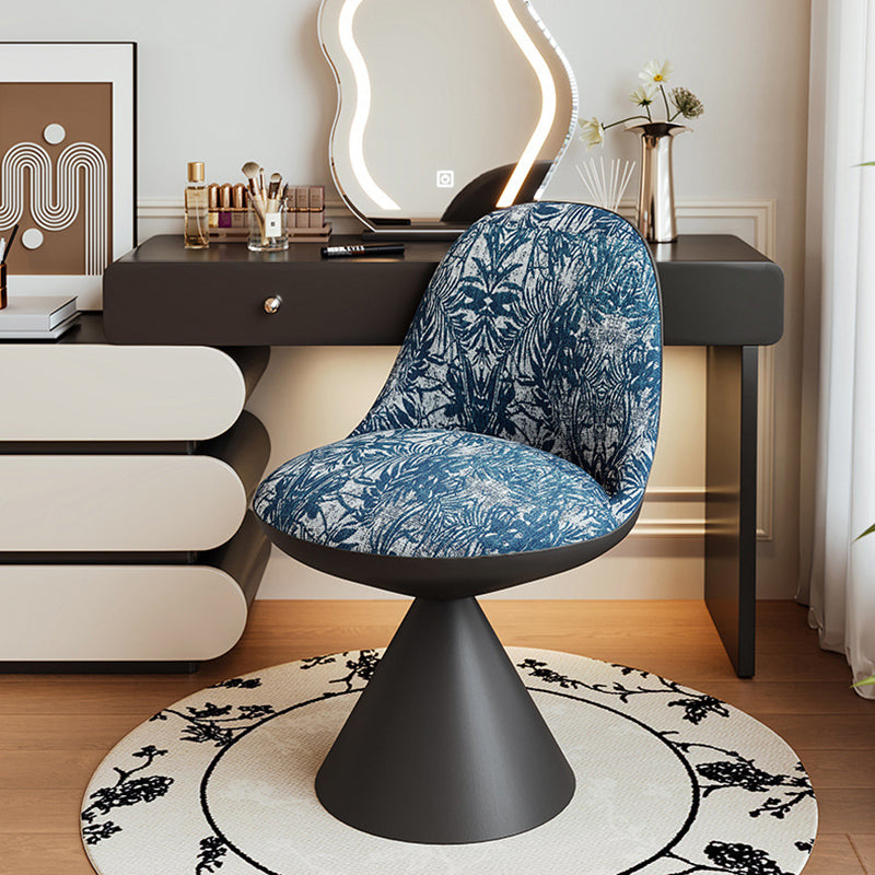 Traditional Chinese Linen Velvet Faux Leather Metal Curved Conical Round Vanity Stool With Backrest For Bedroom