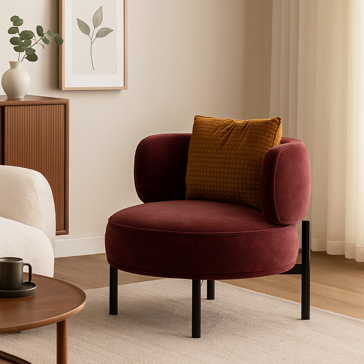 Chaise d’appoint ronde courbée en bois massif et velours uni, de style scandinave contemporain, avec dossier pour salon 