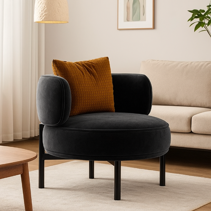 Chaise d’appoint ronde courbée en bois massif et velours uni, de style scandinave contemporain, avec dossier pour salon 