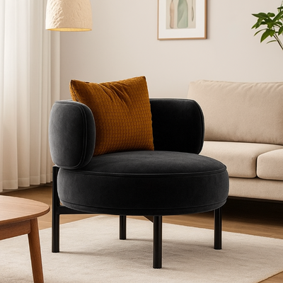 Contemporary Scandinavian Velvet Solid Wood Curved Round Accent Chair With Backrest For Living Room