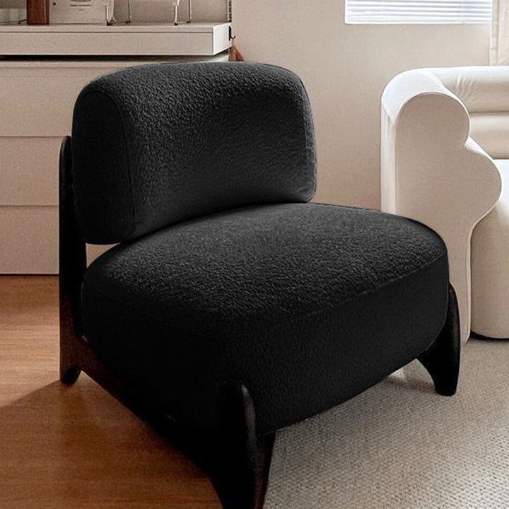 Moderner luxuriöser Akzentstuhl aus Sherpa-Stoff, Massivholz und Metall mit geschwungener quadratischer Form und Rückenlehne für das Wohnzimmer 
