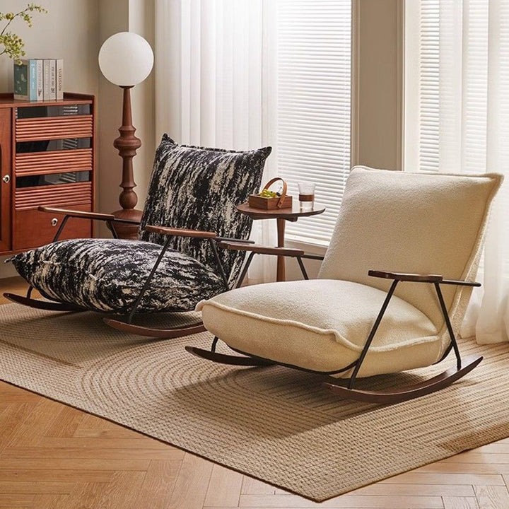 Chaise à bascule carrée courbée en bois de caoutchouc, acier au carbone et teddy fleece vintage traditionnel avec dossier et accoudoirs pour salon 