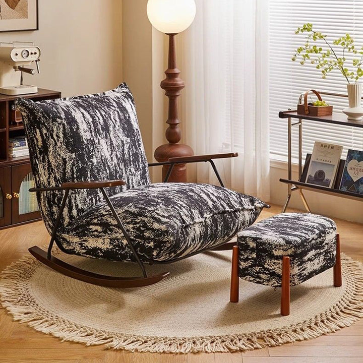 Chaise à bascule carrée courbée en bois de caoutchouc, acier au carbone et teddy fleece vintage traditionnel avec dossier et accoudoirs pour salon 