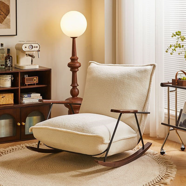 Chaise à bascule carrée courbée en bois de caoutchouc, acier au carbone et teddy fleece vintage traditionnel avec dossier et accoudoirs pour salon 