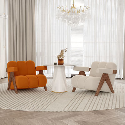 Contemporary Creative Suede Solid Wood V-Leg Wavy Square Accent Chair With Backrest Armrests For Living Room