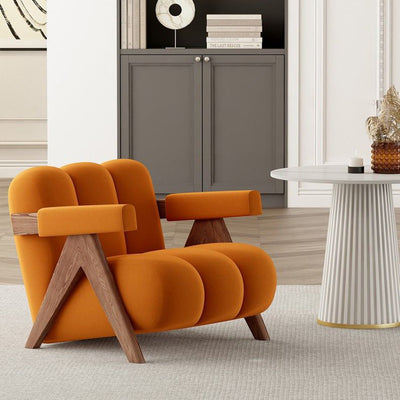 Contemporary Creative Suede Solid Wood V-Leg Wavy Square Accent Chair With Backrest Armrests For Living Room