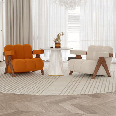 Contemporary Creative Suede Solid Wood V-Leg Wavy Square Accent Chair With Backrest Armrests For Living Room