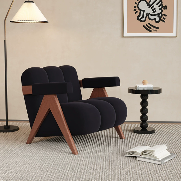 Contemporary Creative Suede Solid Wood V-Leg Wavy Square Accent Chair With Backrest Armrests For Living Room