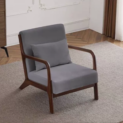 Contemporary Scandinavian Cotton Linen Solid Wood Curved Square Accent Chair With Backrest Armrests For Living Room