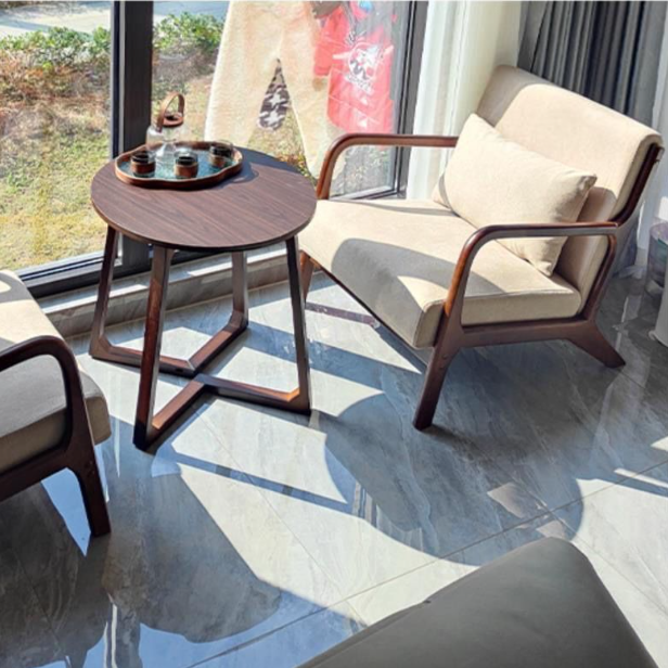 Contemporary Scandinavian Cotton Linen Solid Wood Curved Square Accent Chair With Backrest Armrests For Living Room