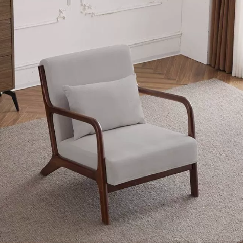 Contemporary Scandinavian Cotton Linen Solid Wood Curved Square Accent Chair With Backrest Armrests For Living Room