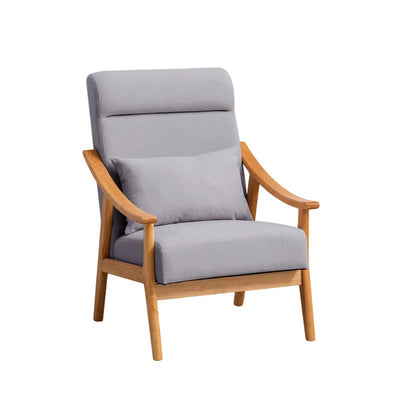 Contemporary Scandinavian Linen Solid Wood Rectangular Curved Accent Chair With Backrest & Armrests For Living Room