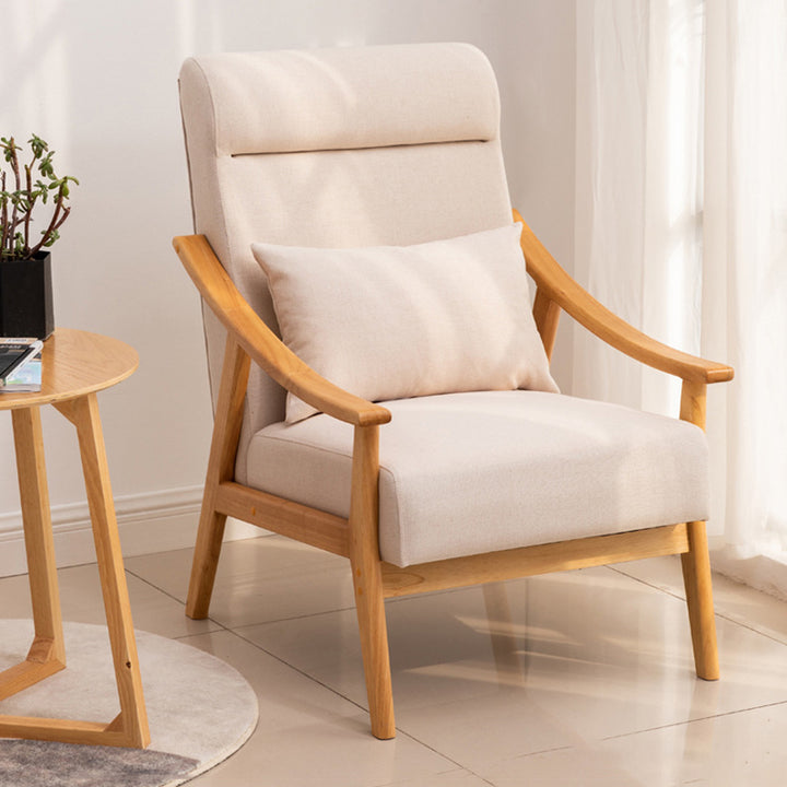 Chaise d'accent rectangulaire courbée contemporaine en lin scandinave et bois massif avec dossier et accoudoirs pour salon 