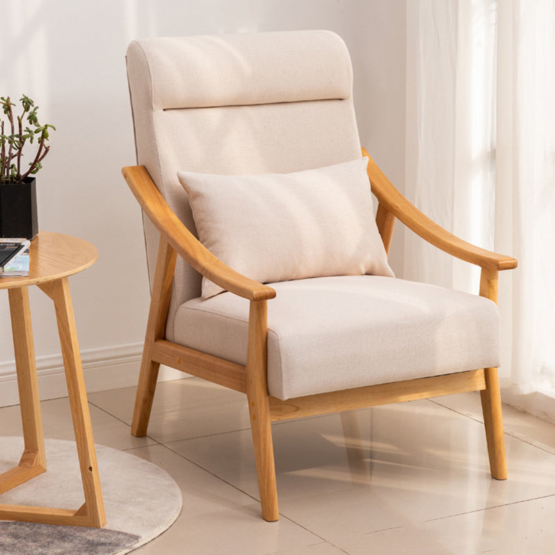 Contemporary Scandinavian Linen Solid Wood Rectangular Curved Accent Chair With Backrest & Armrests For Living Room