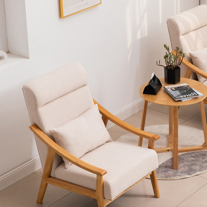 Chaise d'accent rectangulaire courbée contemporaine en lin scandinave et bois massif avec dossier et accoudoirs pour salon 