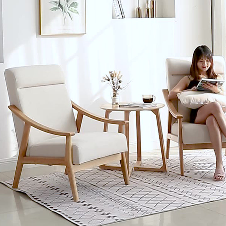 Chaise d'accent rectangulaire courbée contemporaine en lin scandinave et bois massif avec dossier et accoudoirs pour salon 