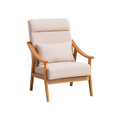 Contemporary Scandinavian Linen Solid Wood Rectangular Curved Accent Chair With Backrest & Armrests For Living Room