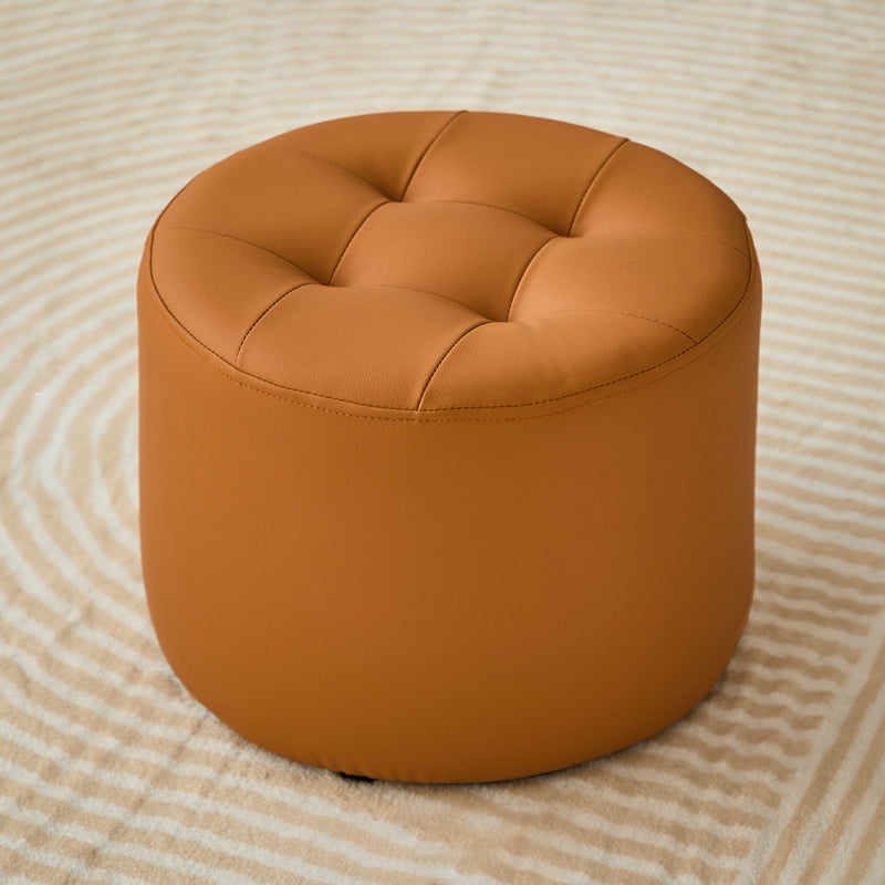 Contemporary Scandinavian Cat Scratch Leather Pine Wood Round Cylinder Low Stool For Living Room
