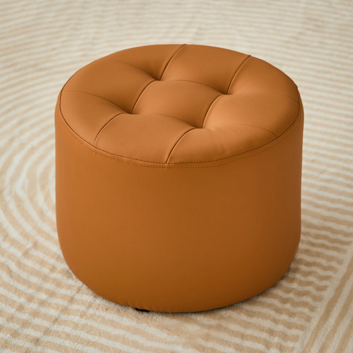 Contemporary Scandinavian Cat Scratch Leather Pine Wood Round Cylinder Low Stool For Living Room