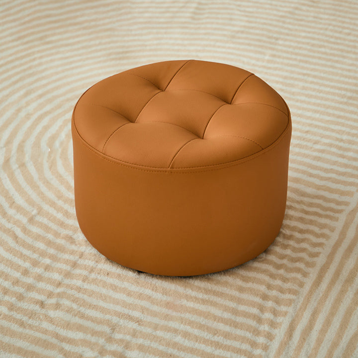 Contemporary Scandinavian Cat Scratch Leather Pine Wood Round Cylinder Low Stool For Living Room