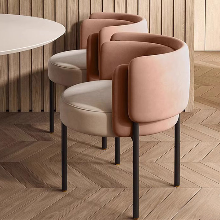 Taburete de tocador redondo contemporáneo escandinavo de terciopelo mate y acero al carbono con respaldo para dormitorio 