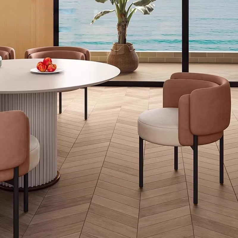 Taburete de tocador redondo contemporáneo escandinavo de terciopelo mate y acero al carbono con respaldo para dormitorio 