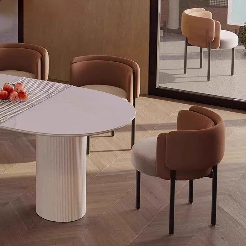 Taburete de tocador redondo contemporáneo escandinavo de terciopelo mate y acero al carbono con respaldo para dormitorio 