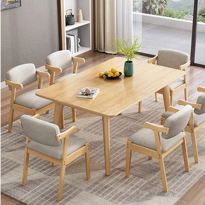 Contemporary Scandinavian Rubberwood Cotton-Linen Microfiber Leather Curved Square Dining Chair Backrest Armrests For Dining Room