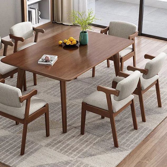 Contemporary Scandinavian Rubberwood Cotton-Linen Microfiber Leather Curved Square Dining Chair Backrest Armrests For Dining Room