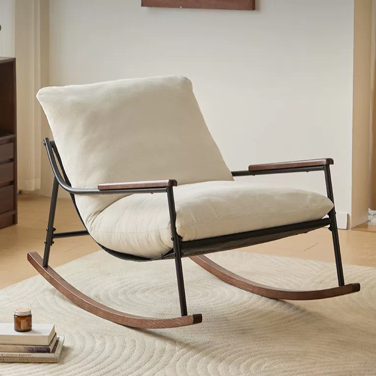 Contemporary Scandinavian Corduroy Metal Solid Wood Curved Square Rocking Chair With Backrest Armrests For Living Room