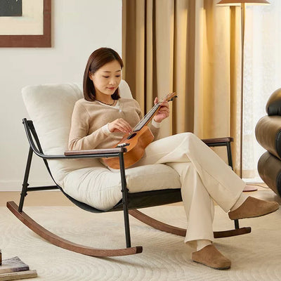 Contemporary Scandinavian Corduroy Metal Solid Wood Curved Square Rocking Chair With Backrest Armrests For Living Room