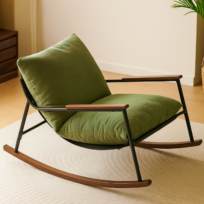 Contemporary Scandinavian Corduroy Metal Solid Wood Curved Square Rocking Chair With Backrest Armrests For Living Room