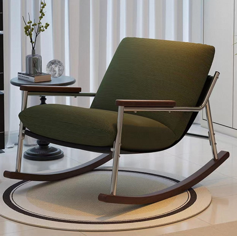 Contemporary Scandinavian Corduroy Metal Solid Wood Curved Square Rocking Chair With Backrest Armrests For Living Room