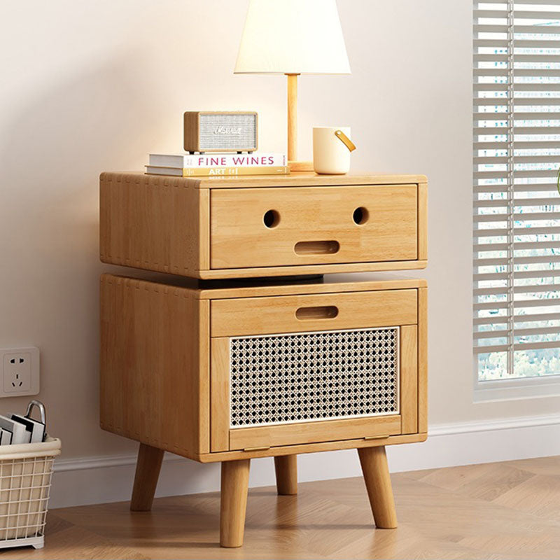 Contemporary Creative Solid Wood Rattan Robot-Shaped Nightstand 2-Drawer For Bedroom