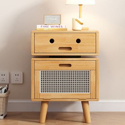 Contemporary Creative Solid Wood Rattan Robot-Shaped Nightstand 2-Drawer For Bedroom