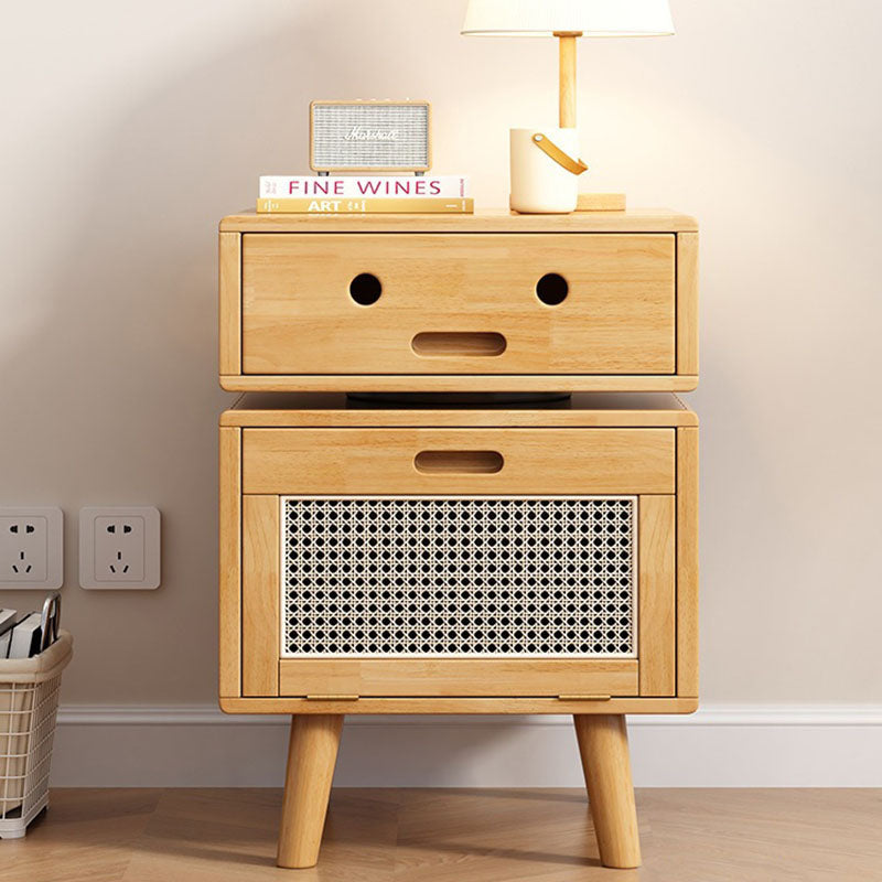 Contemporary Creative Solid Wood Rattan Robot-Shaped Nightstand 2-Drawer For Bedroom