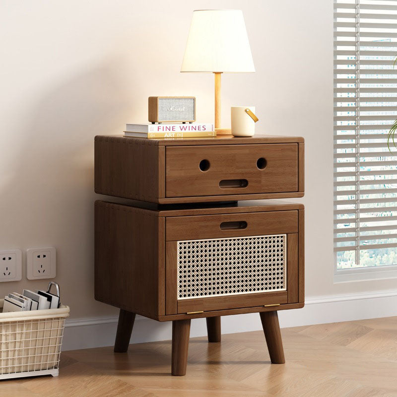Contemporary Creative Solid Wood Rattan Robot-Shaped Nightstand 2-Drawer For Bedroom