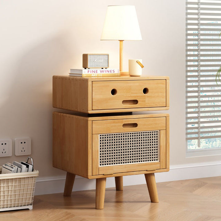 Table de chevet contemporaine et créative en bois massif et rotin, en forme de robot, à 2 tiroirs pour chambre à coucher 
