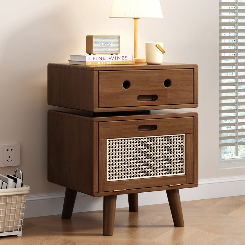 Contemporary Creative Solid Wood Rattan Robot-Shaped Nightstand 2-Drawer For Bedroom