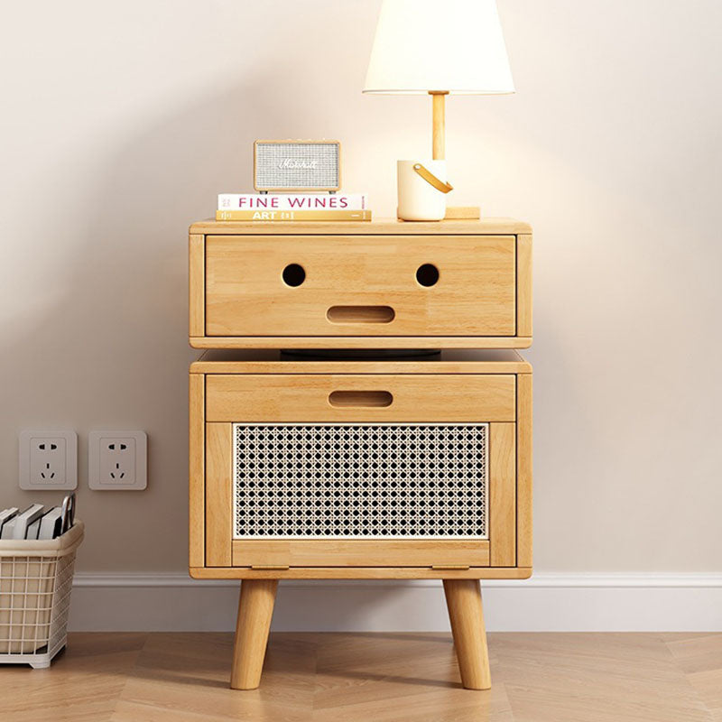 Contemporary Creative Solid Wood Rattan Robot-Shaped Nightstand 2-Drawer For Bedroom