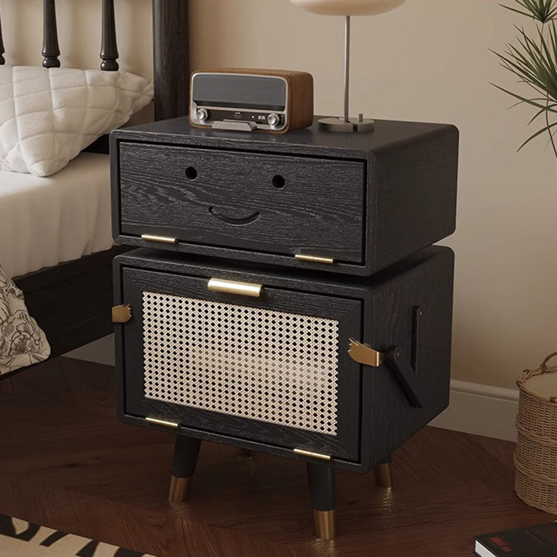 Modern Art Deco Ash Wood Rattan Stainless Steel Robot-Shaped Nightstand 2-Storage For Bedroom