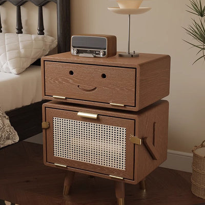 Modern Art Deco Ash Wood Rattan Stainless Steel Robot-Shaped Nightstand 2-Storage For Bedroom