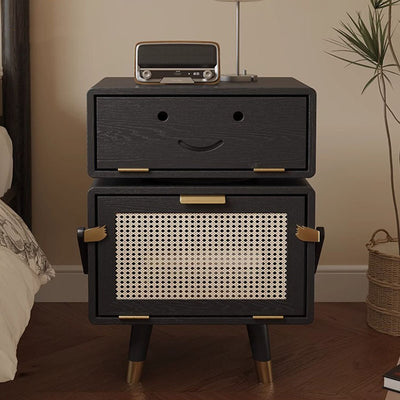 Modern Art Deco Ash Wood Rattan Stainless Steel Robot-Shaped Nightstand 2-Storage For Bedroom