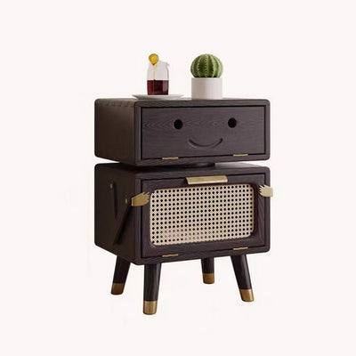 Modern Art Deco Ash Wood Rattan Stainless Steel Robot-Shaped Nightstand 2-Storage For Bedroom